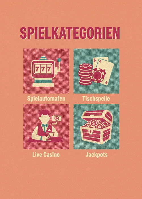 Spielkategorien beim Casino Handyrechnung — Spielautomaten, Tischspiele, Live Casino und Jackpots als Kacheln.